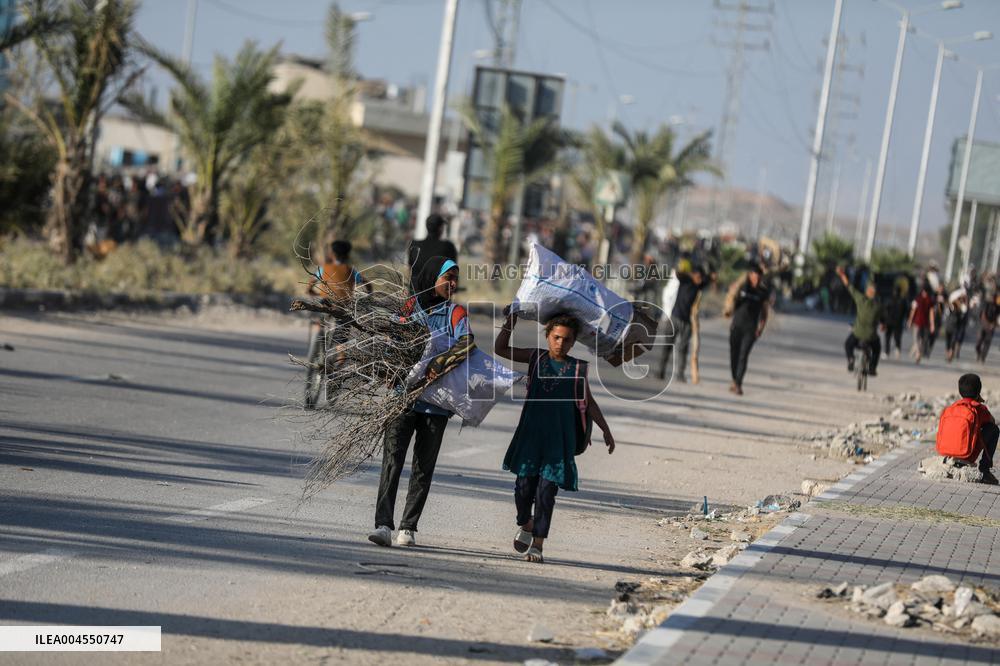 Palestinians Carry Collected Tree Branches and Scrap Wood - Gaza