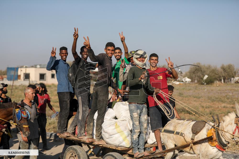 Palestinians Carry Collected Tree Branches and Scrap Wood - Gaza