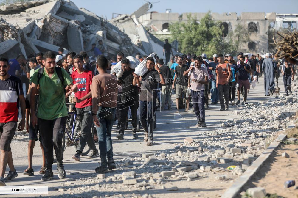 Palestinians Carry Collected Tree Branches and Scrap Wood - Gaza