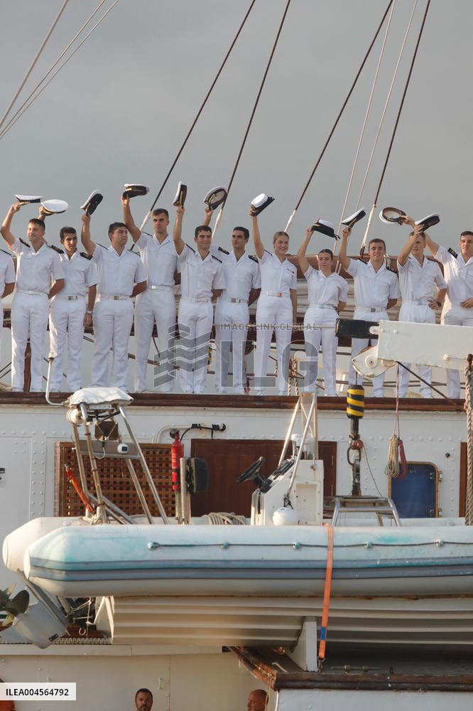 Princess Leonor Arriving To Gijon On Board Juan Sebastian Elcano