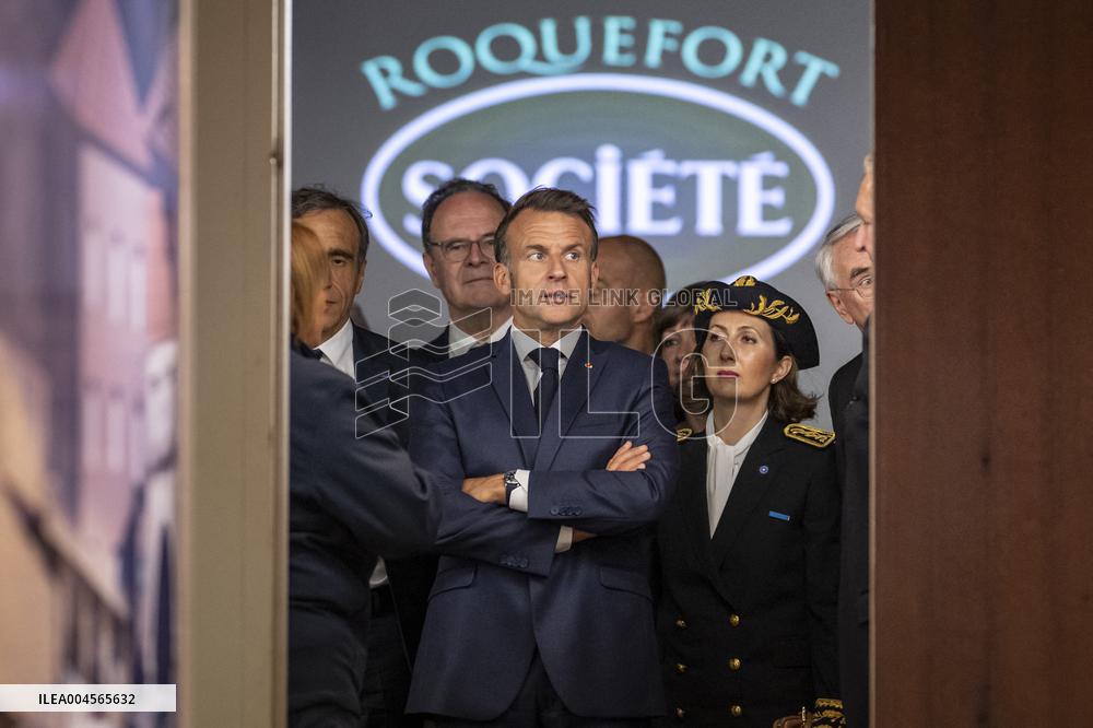 President Macron At cellar of the Roquefort Societe - Roquefort-sur-Soulzon