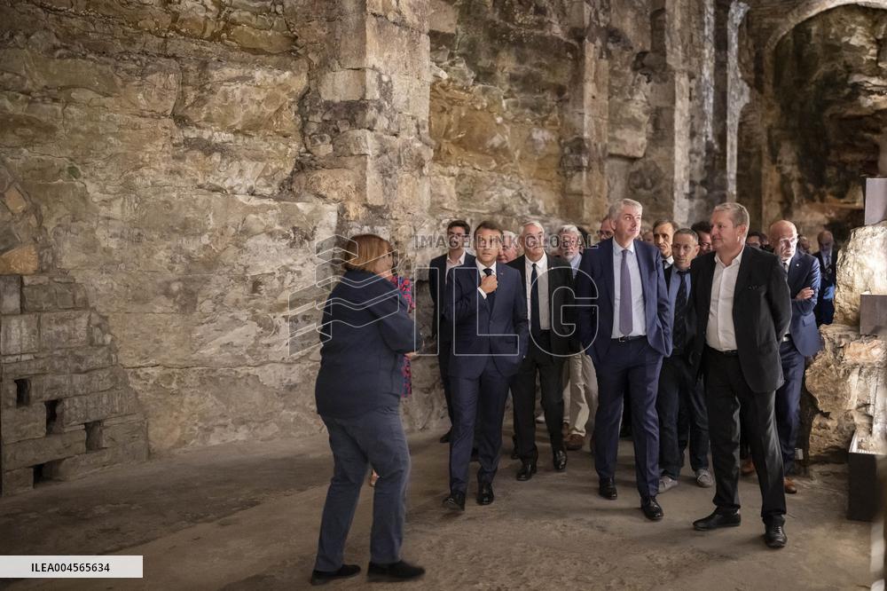 President Macron At cellar of the Roquefort Societe - Roquefort-sur-Soulzon