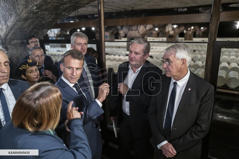 President Macron At cellar of the Roquefort Societe - Roquefort-sur-Soulzon