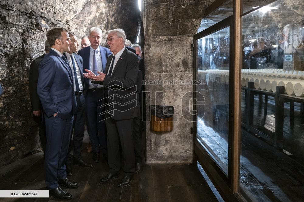 President Macron At cellar of the Roquefort Societe - Roquefort-sur-Soulzon