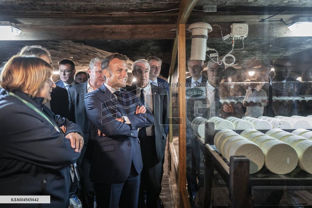 President Macron At cellar of the Roquefort Societe - Roquefort-sur-Soulzon