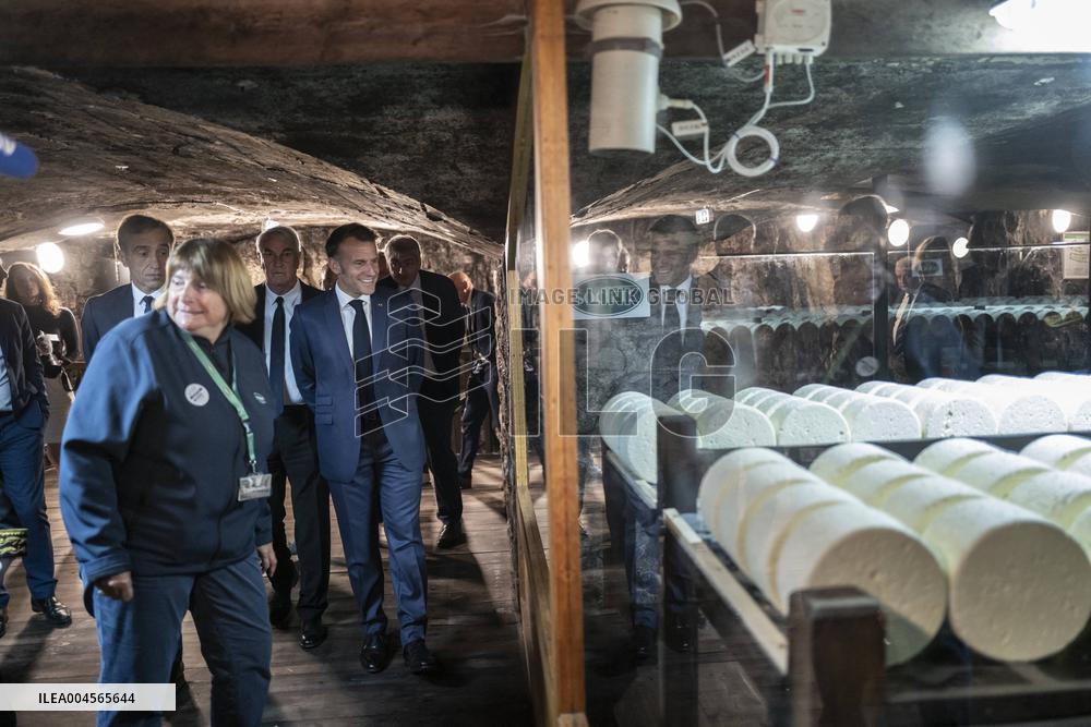 President Macron At cellar of the Roquefort Societe - Roquefort-sur-Soulzon