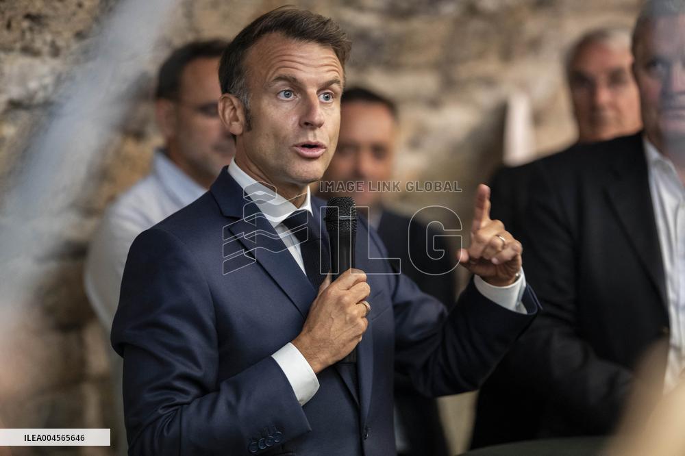 President Macron At cellar of the Roquefort Societe - Roquefort-sur-Soulzon