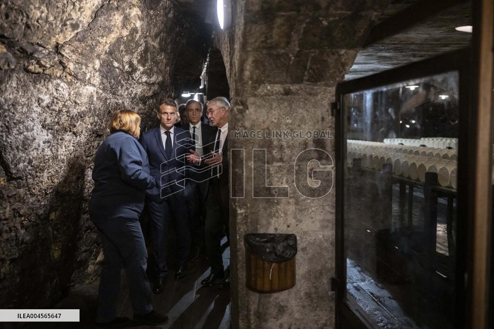 President Macron At cellar of the Roquefort Societe - Roquefort-sur-Soulzon