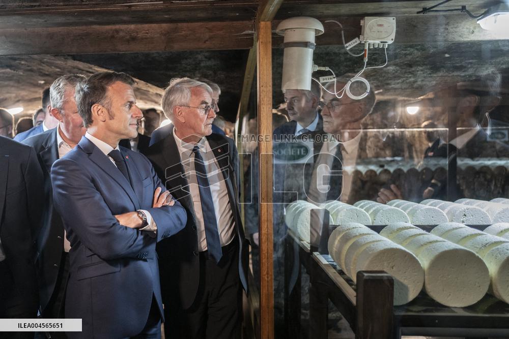 President Macron At cellar of the Roquefort Societe - Roquefort-sur-Soulzon