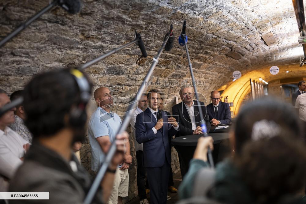 President Macron At cellar of the Roquefort Societe - Roquefort-sur-Soulzon
