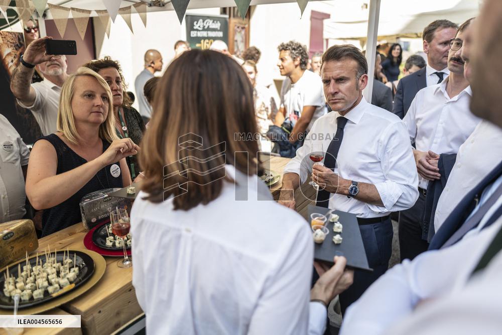 President Macron At cellar of the Roquefort Societe - Roquefort-sur-Soulzon