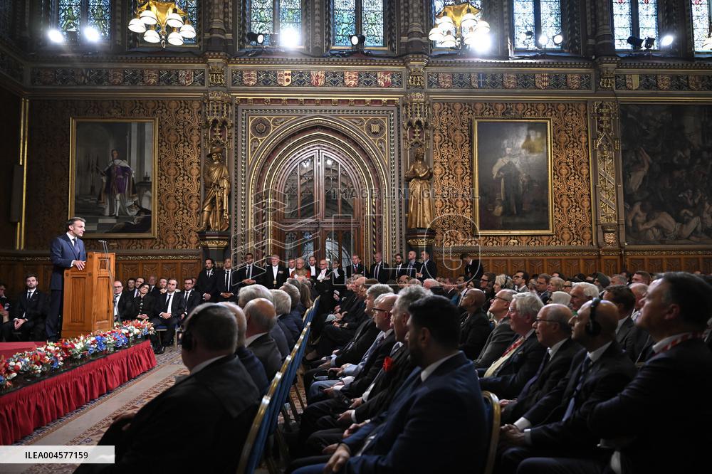 Macron Delivers A Speech In Front Of Parliamentarians - London