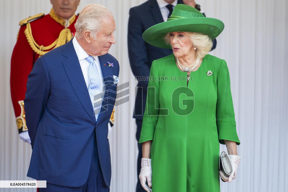 Emmanuel And Brigitte Macron Attend Welcoming Ceremony in Windsor