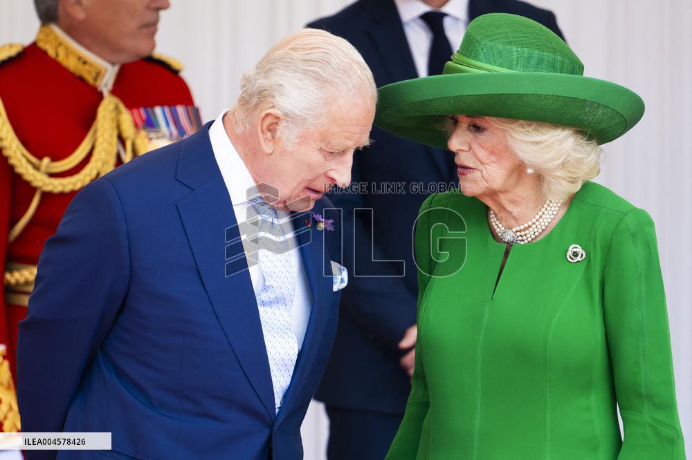 Emmanuel And Brigitte Macron Attend Welcoming Ceremony in Windsor
