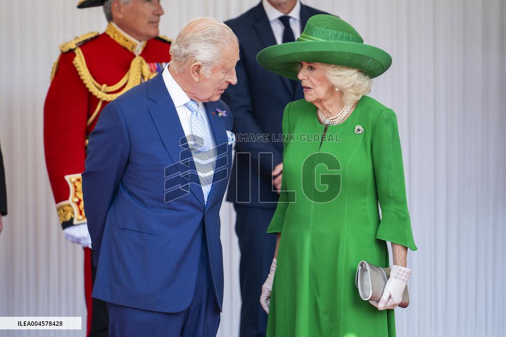 Emmanuel And Brigitte Macron Attend Welcoming Ceremony in Windsor