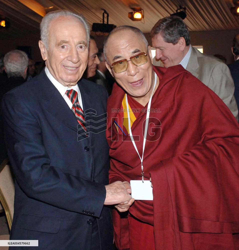 JORDAN. PETRA. ISRAELI VICE PREMIER AND NOBEL PEACE LAUREATE, SHIMON PERES, LEFT, MEETS WITH THE DALAI LAMA DURING A CONFERENCE