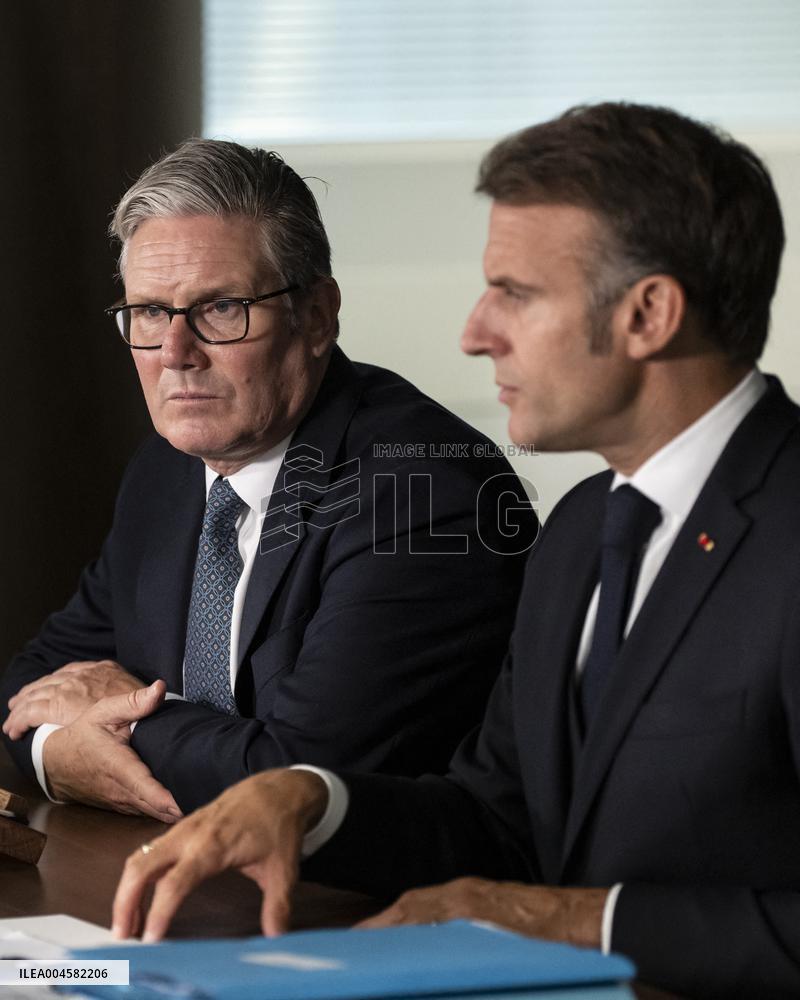 Starmer and Macron During a Visioconference With NATO Leaders - London