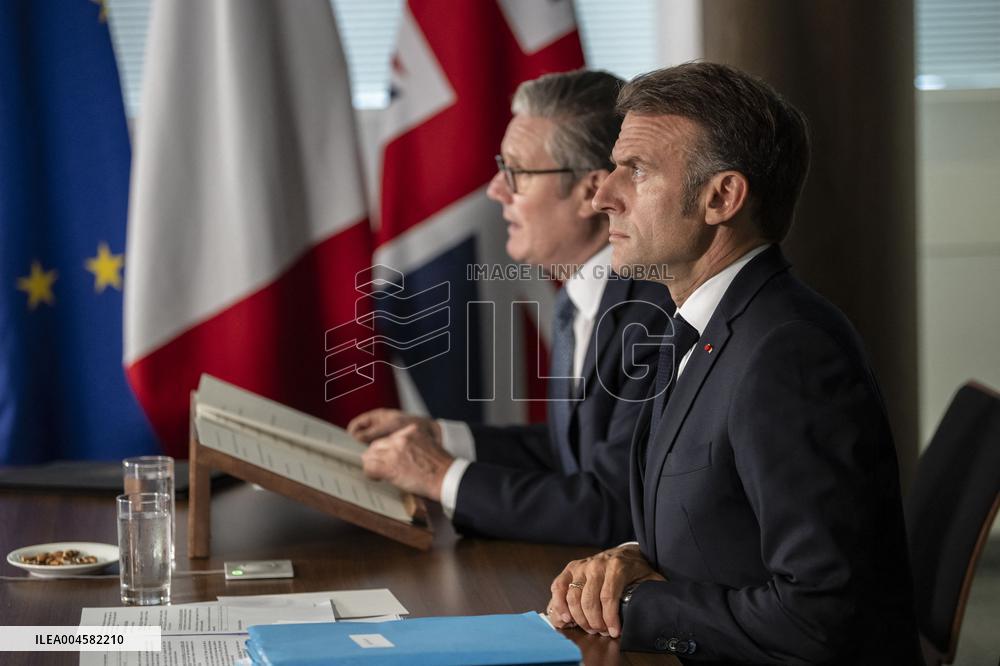 Starmer and Macron During a Visioconference With NATO Leaders - London