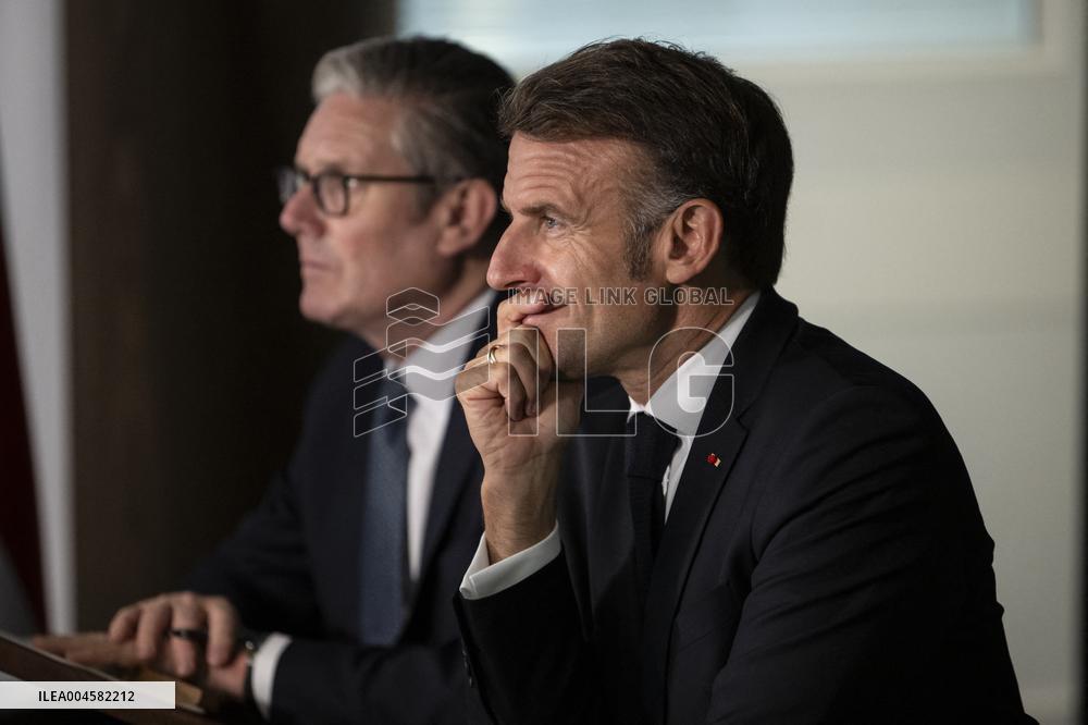 Starmer and Macron During a Visioconference With NATO Leaders - London