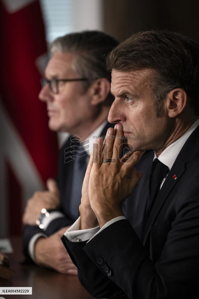 Starmer and Macron During a Visioconference With NATO Leaders - London