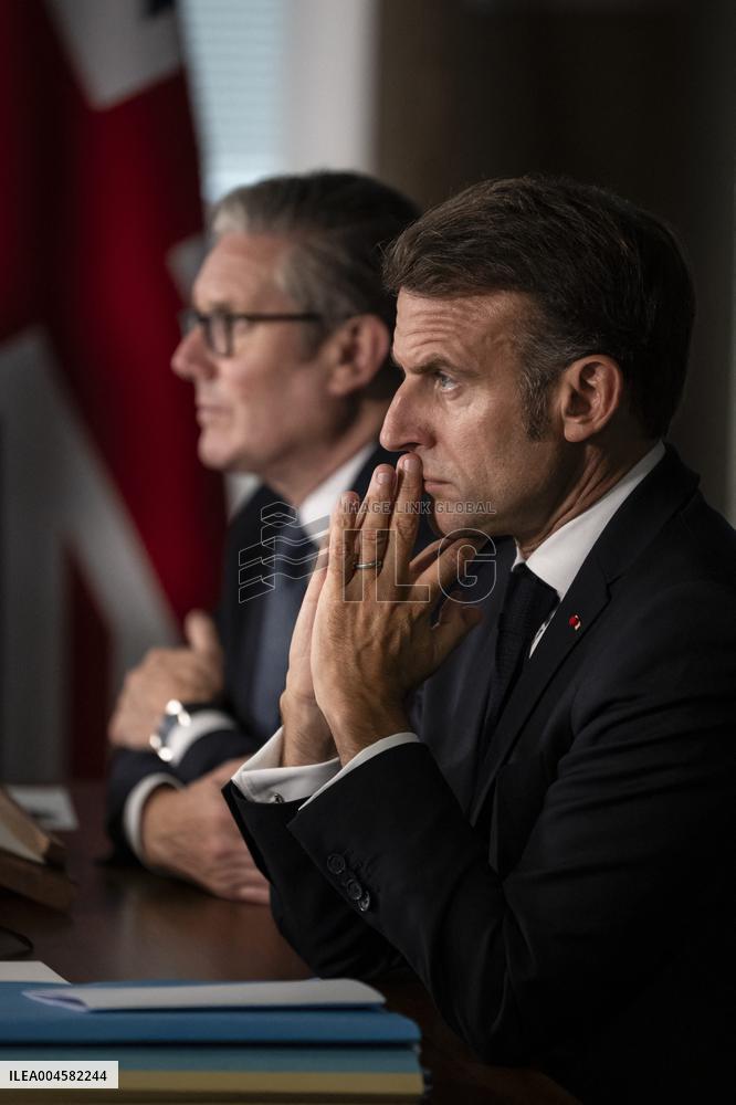 Starmer and Macron During a Visioconference With NATO Leaders - London