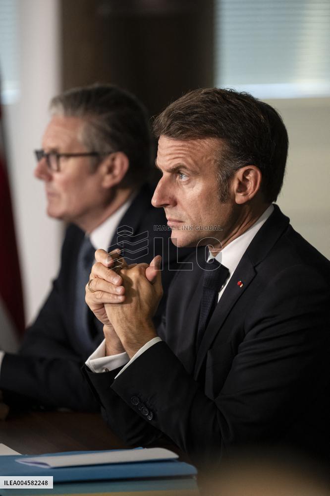 Starmer and Macron During a Visioconference With NATO Leaders - London