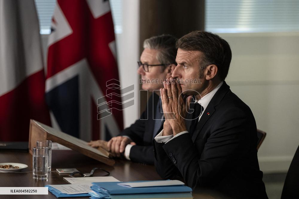 Starmer and Macron During a Visioconference With NATO Leaders - London