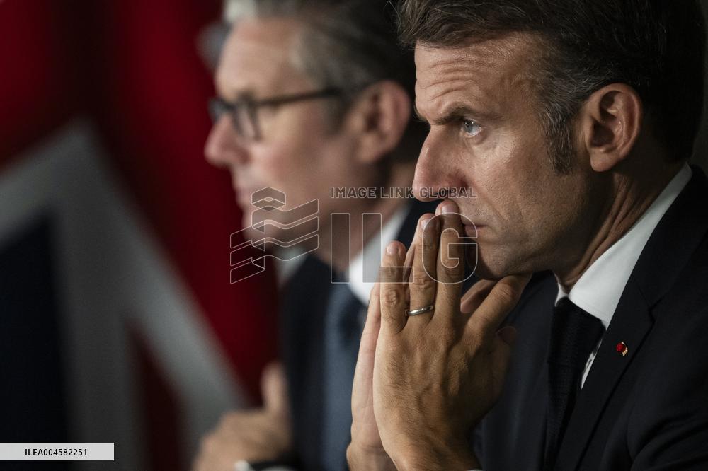 Starmer and Macron During a Visioconference With NATO Leaders - London