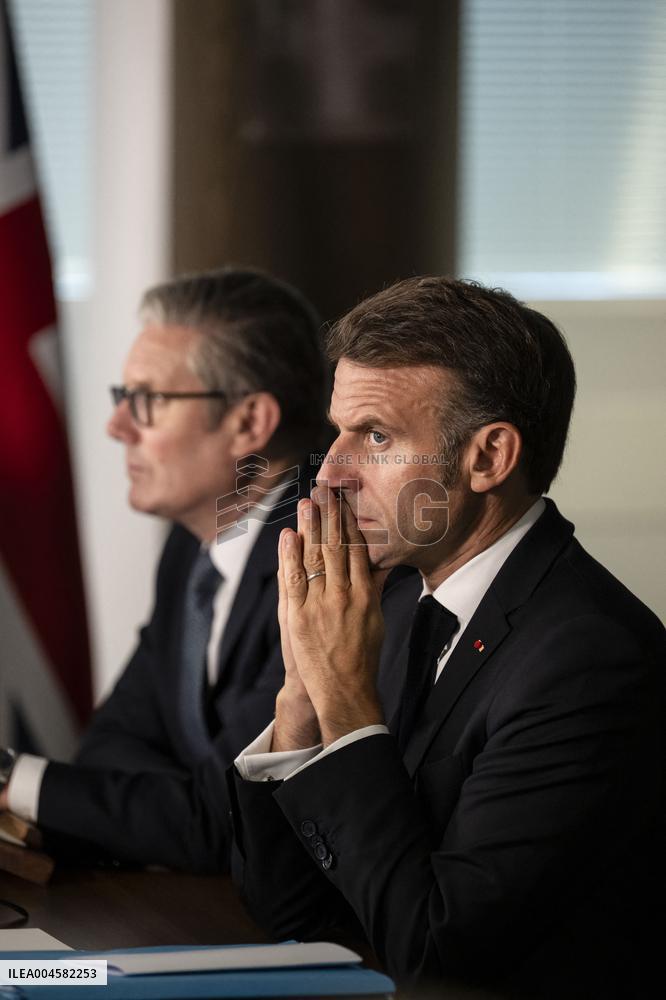 Starmer and Macron During a Visioconference With NATO Leaders - London