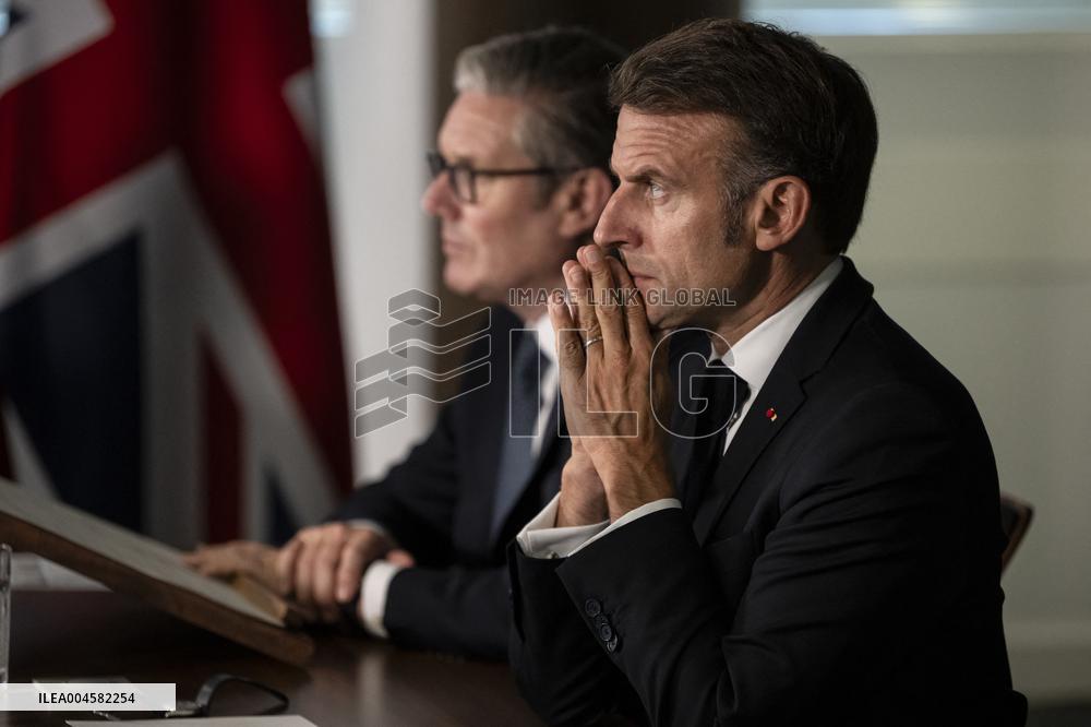 Starmer and Macron During a Visioconference With NATO Leaders - London