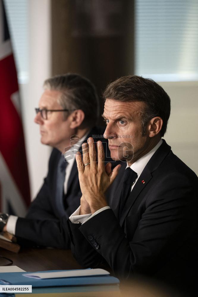 Starmer and Macron During a Visioconference With NATO Leaders - London
