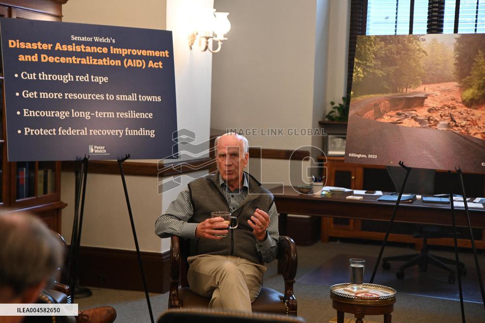 United States Senator Peter Welch (Democrat of Vermont) gives pen and pad on reformation of FEMA