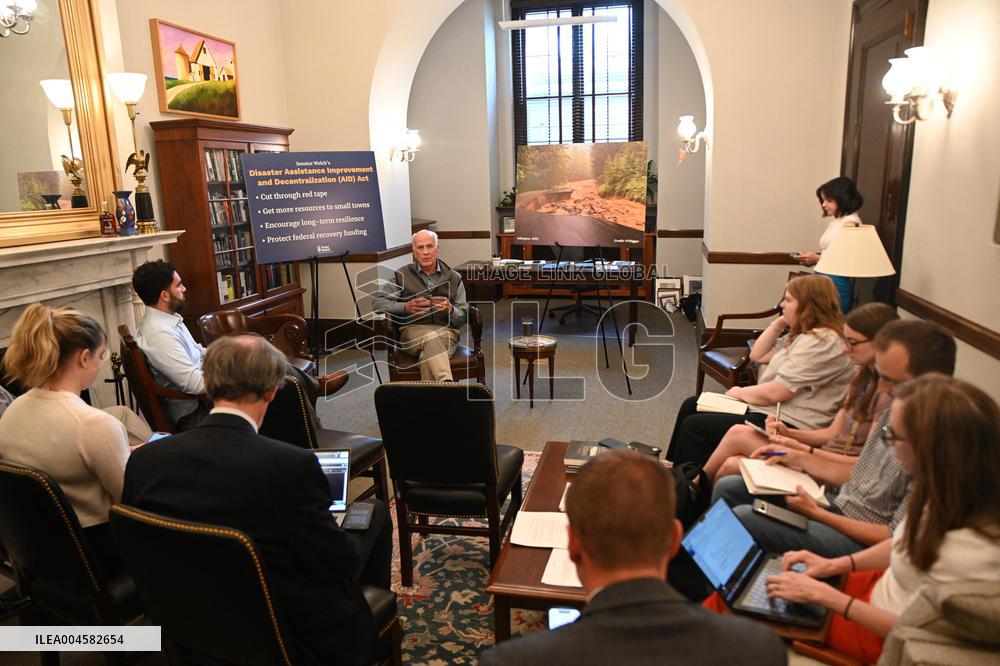 United States Senator Peter Welch (Democrat of Vermont) gives pen and pad on reformation of FEMA