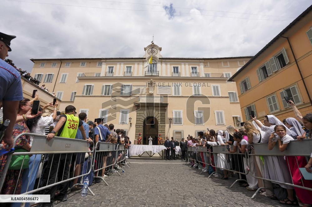 Pope Leo XIV Leads The Angelus Prayer In Castel Gandolfo
