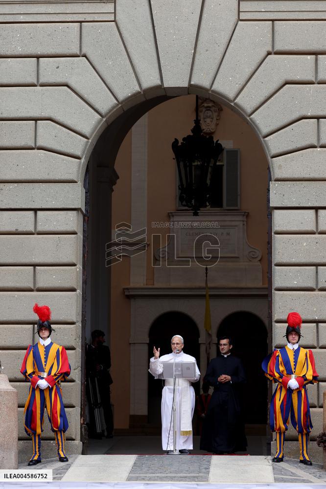 Pope Leo XIV Leads The Angelus Prayer In Castel Gandolfo