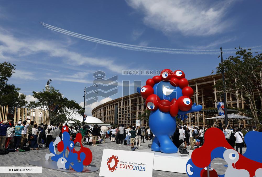 Blue Impulse aerobatic team flies over Osaka