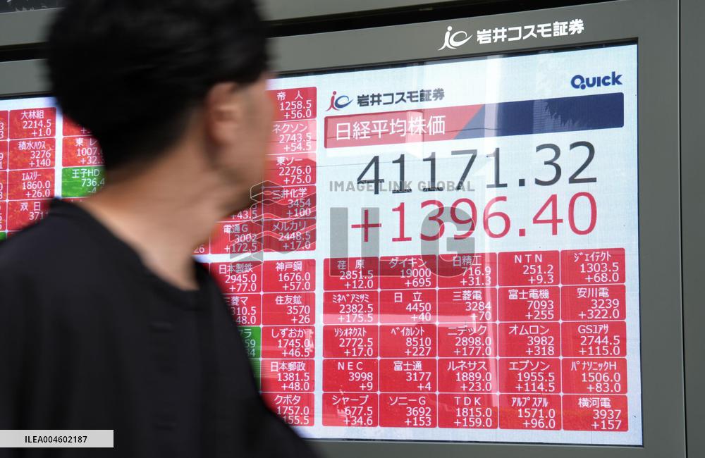 Tokyo stocks end up at 1-year high