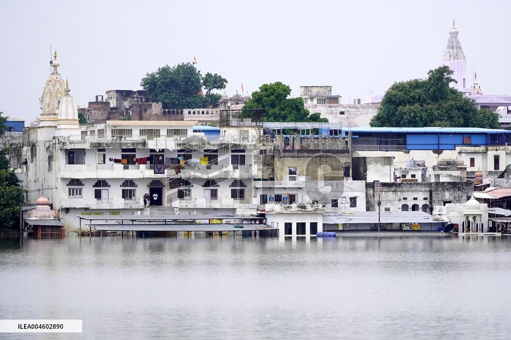 Holy Pushkar Ghats Submerged in Swollen Lake - India