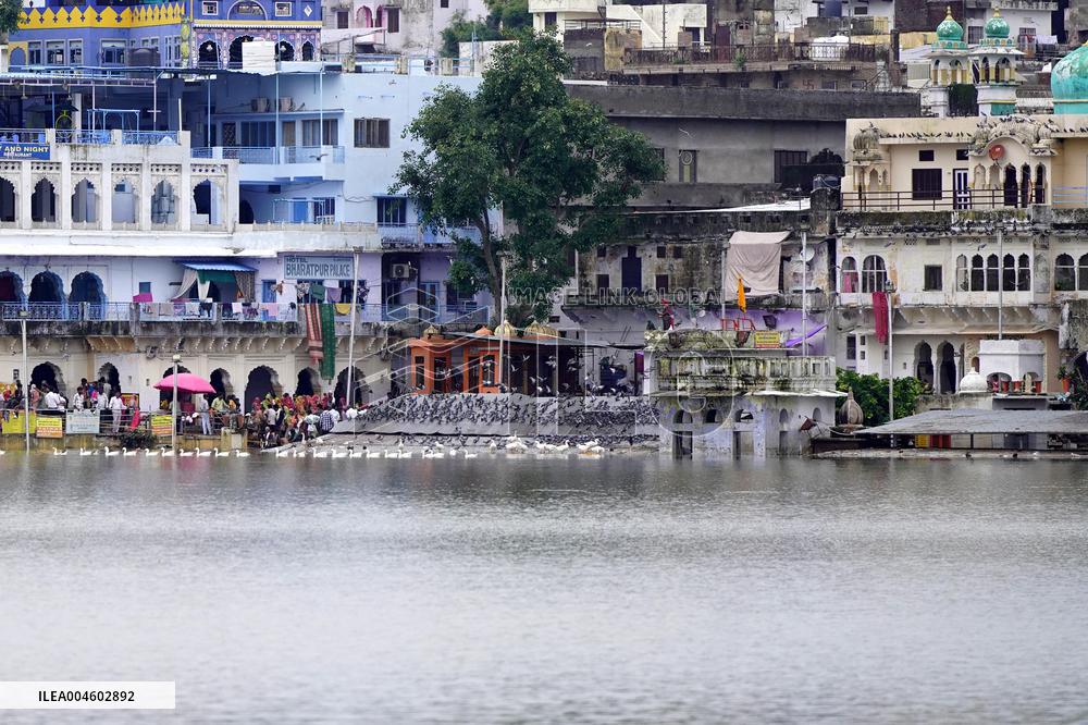 Holy Pushkar Ghats Submerged in Swollen Lake - India