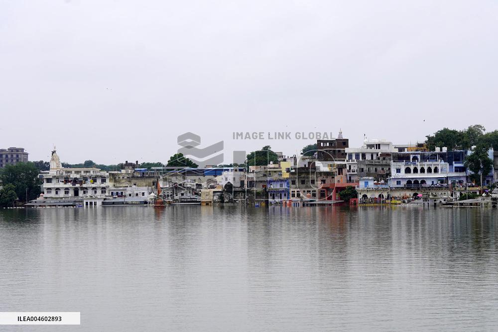 Holy Pushkar Ghats Submerged in Swollen Lake - India