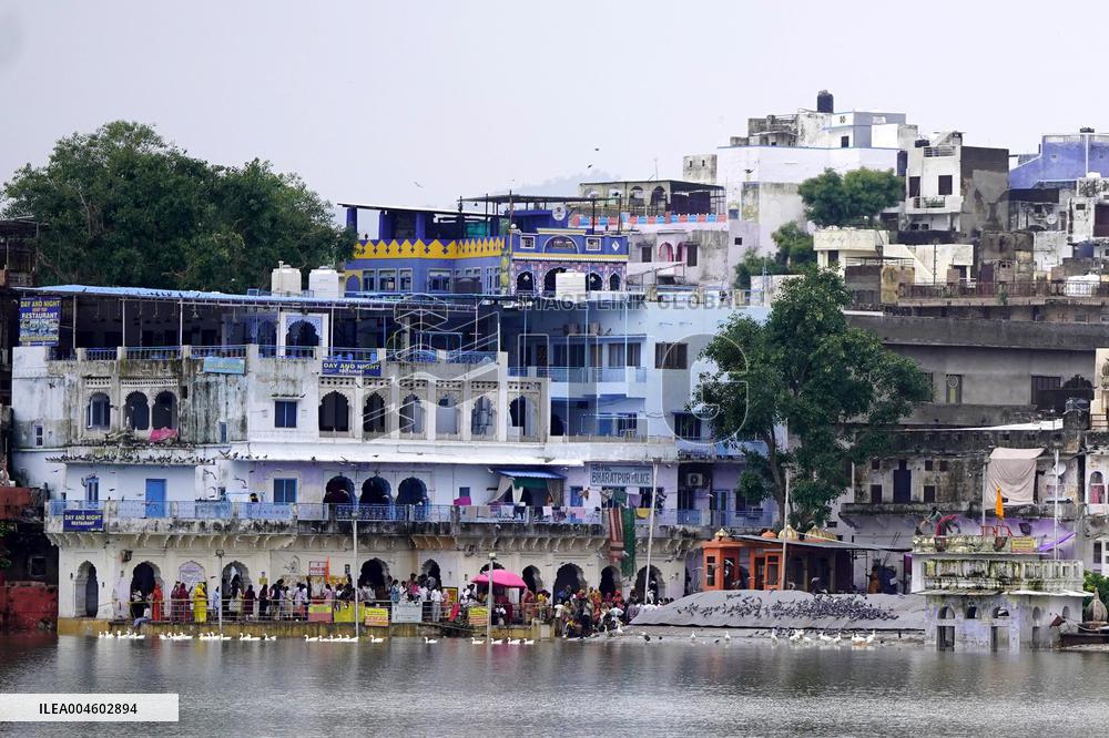 Holy Pushkar Ghats Submerged in Swollen Lake - India