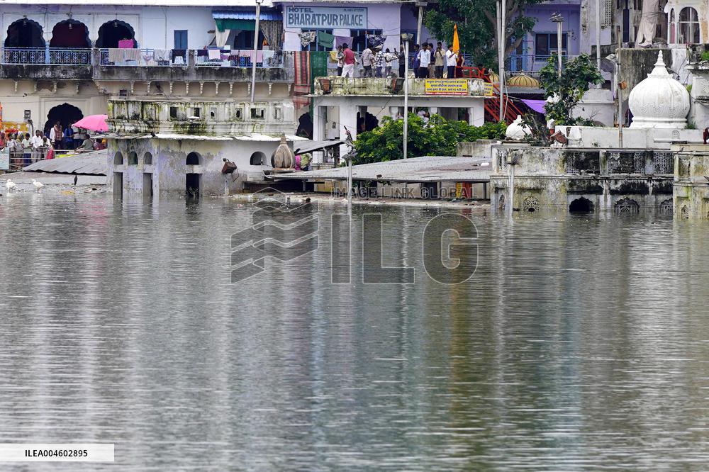 Holy Pushkar Ghats Submerged in Swollen Lake - India