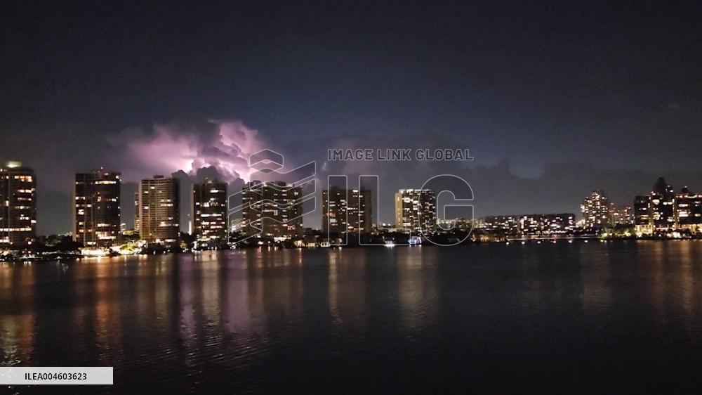 US: Clouds Glow in Lightning Show Over Sunny Isles Beach, Florida