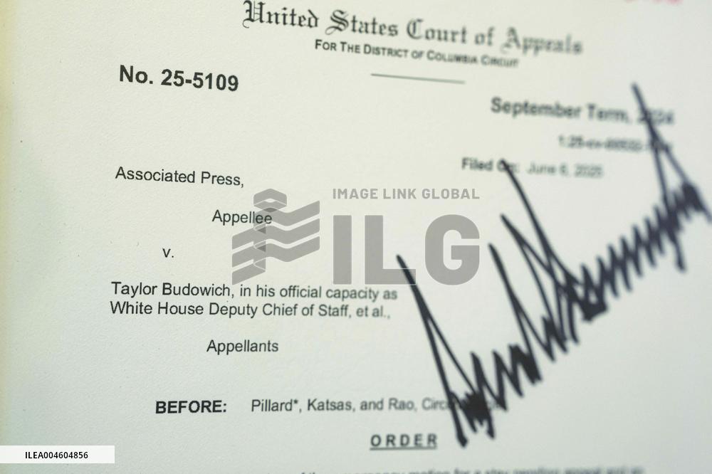 Trump-Signed Court Order Allowing Ban of Associated Press from Pool Displayed in Press Briefing Room of White House