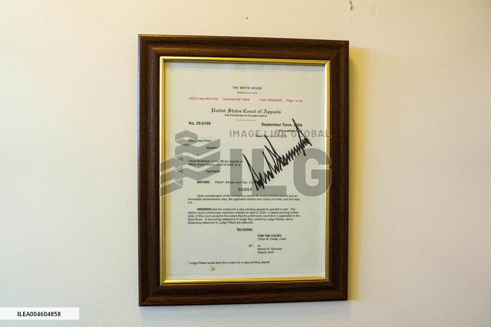 Trump-Signed Court Order Allowing Ban of Associated Press from Pool Displayed in Press Briefing Room of White House