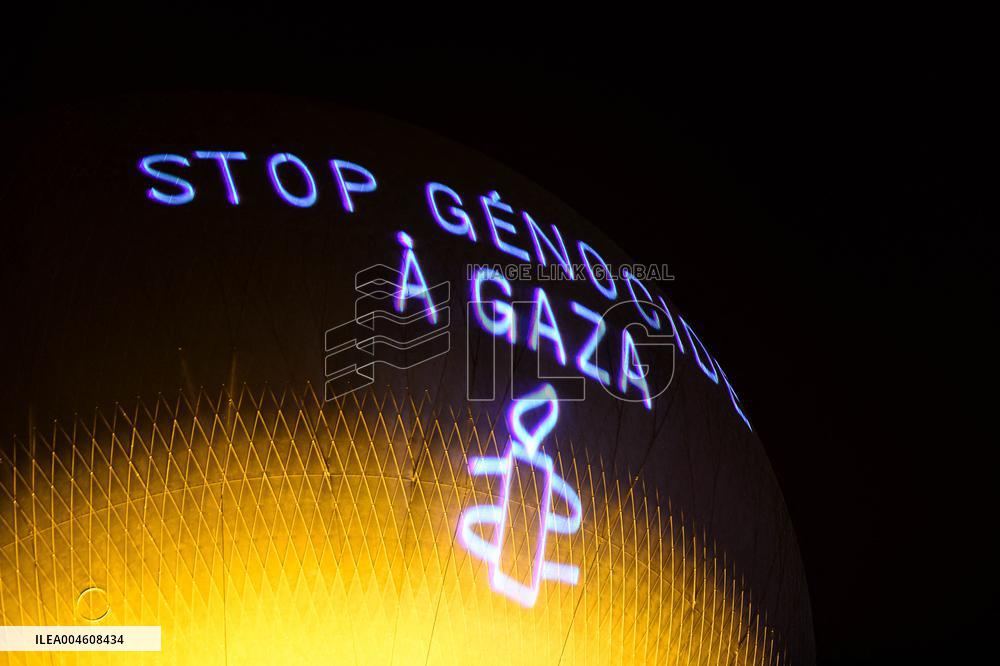 Amnesty International Action - "Stop genocide in Gaza" onto the Paris 2024 Olympic cauldron - Paris