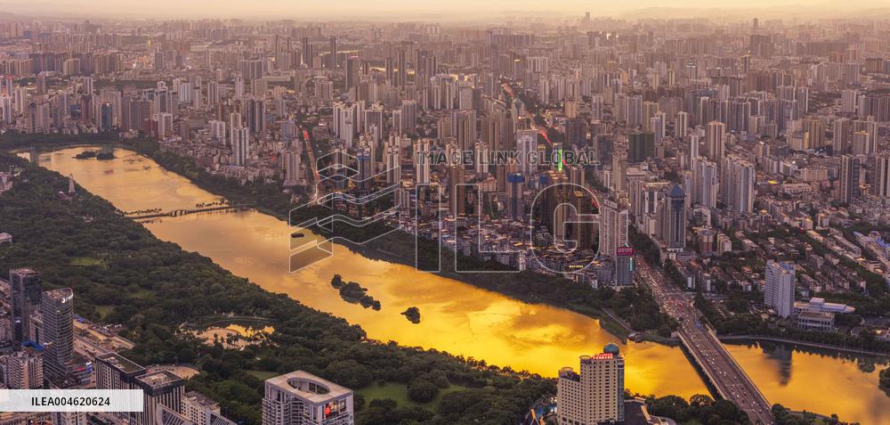 Urban Landscape Reflected by Brilliant Sunset Clouds in Nanning