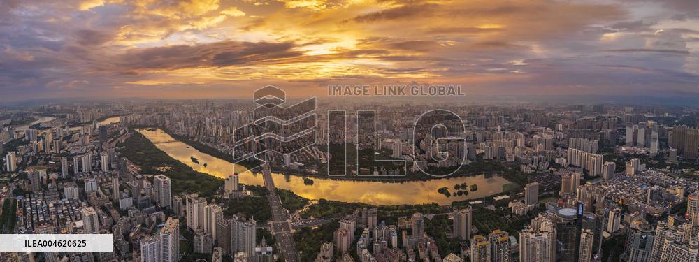 Urban Landscape Reflected by Brilliant Sunset Clouds in Nanning