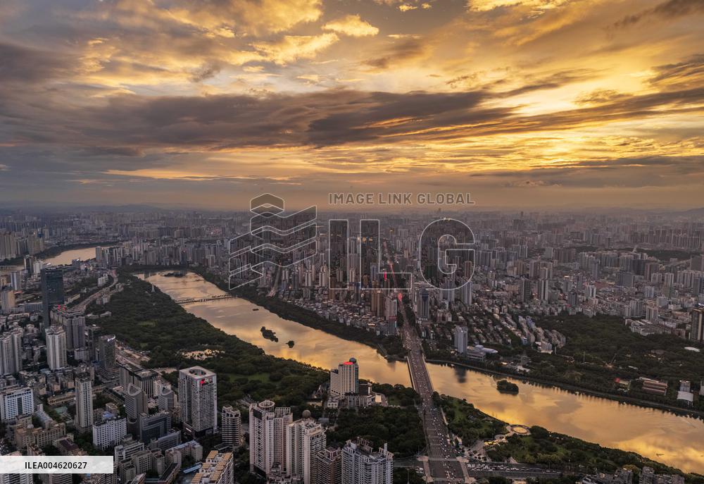 Urban Landscape Reflected by Brilliant Sunset Clouds in Nanning