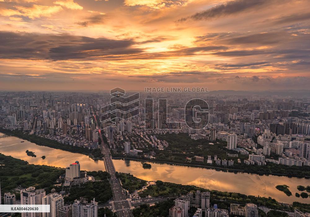 Urban Landscape Reflected by Brilliant Sunset Clouds in Nanning